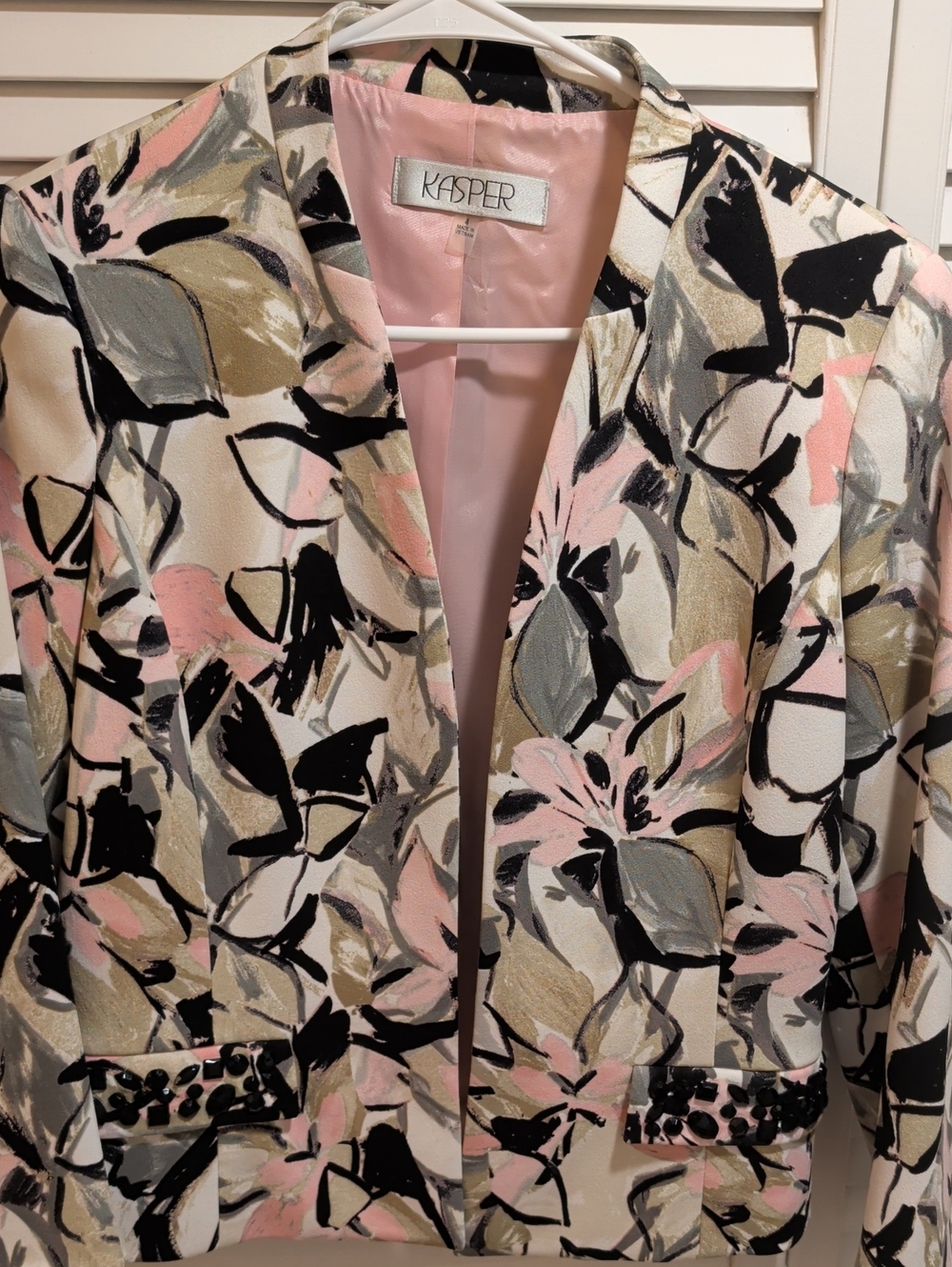 Kasper Pink Black Floral Open-Front Blazer Studded
